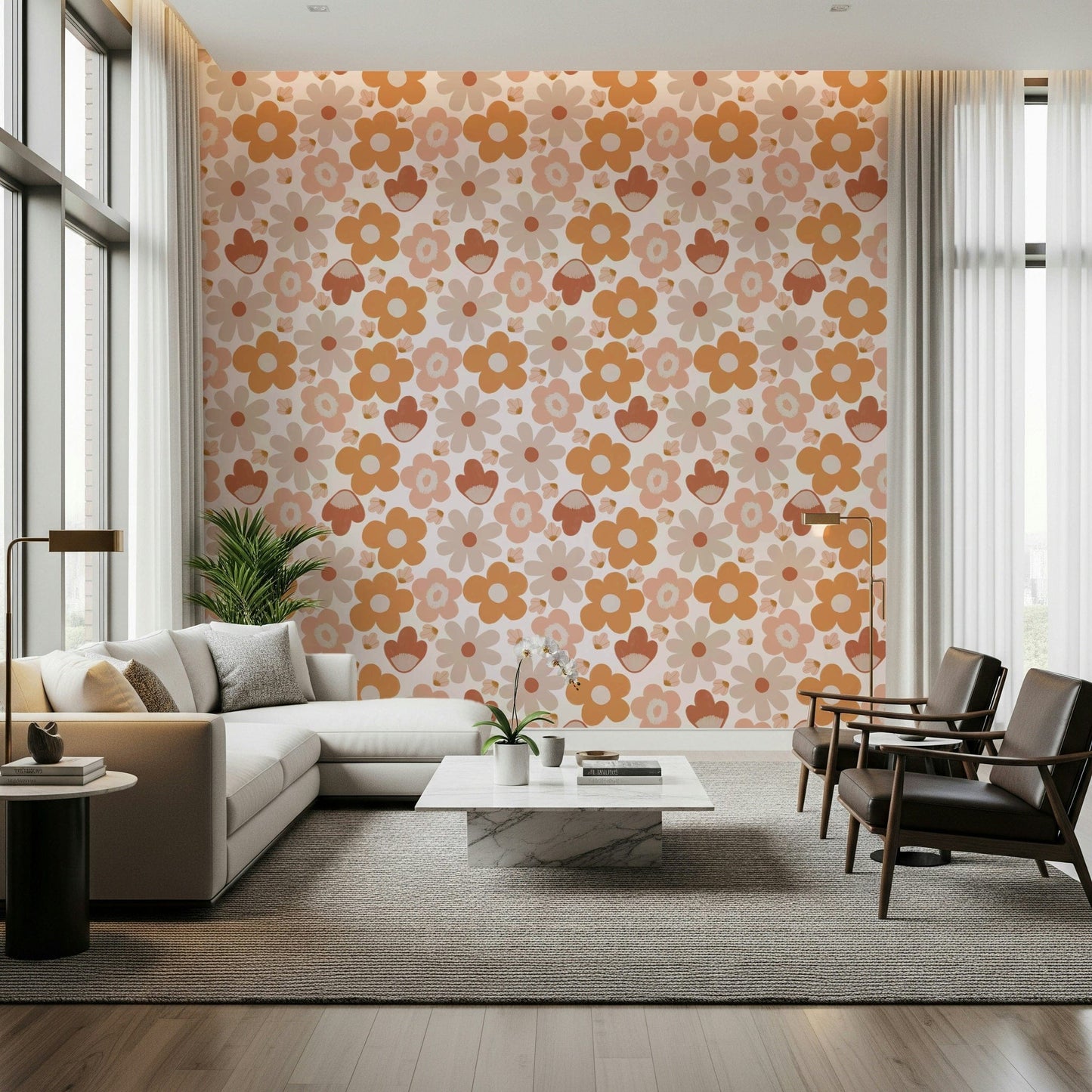 Retro-inspired boho wallpaper decorated with overlapping daisy-style flowers in muted warm colors.