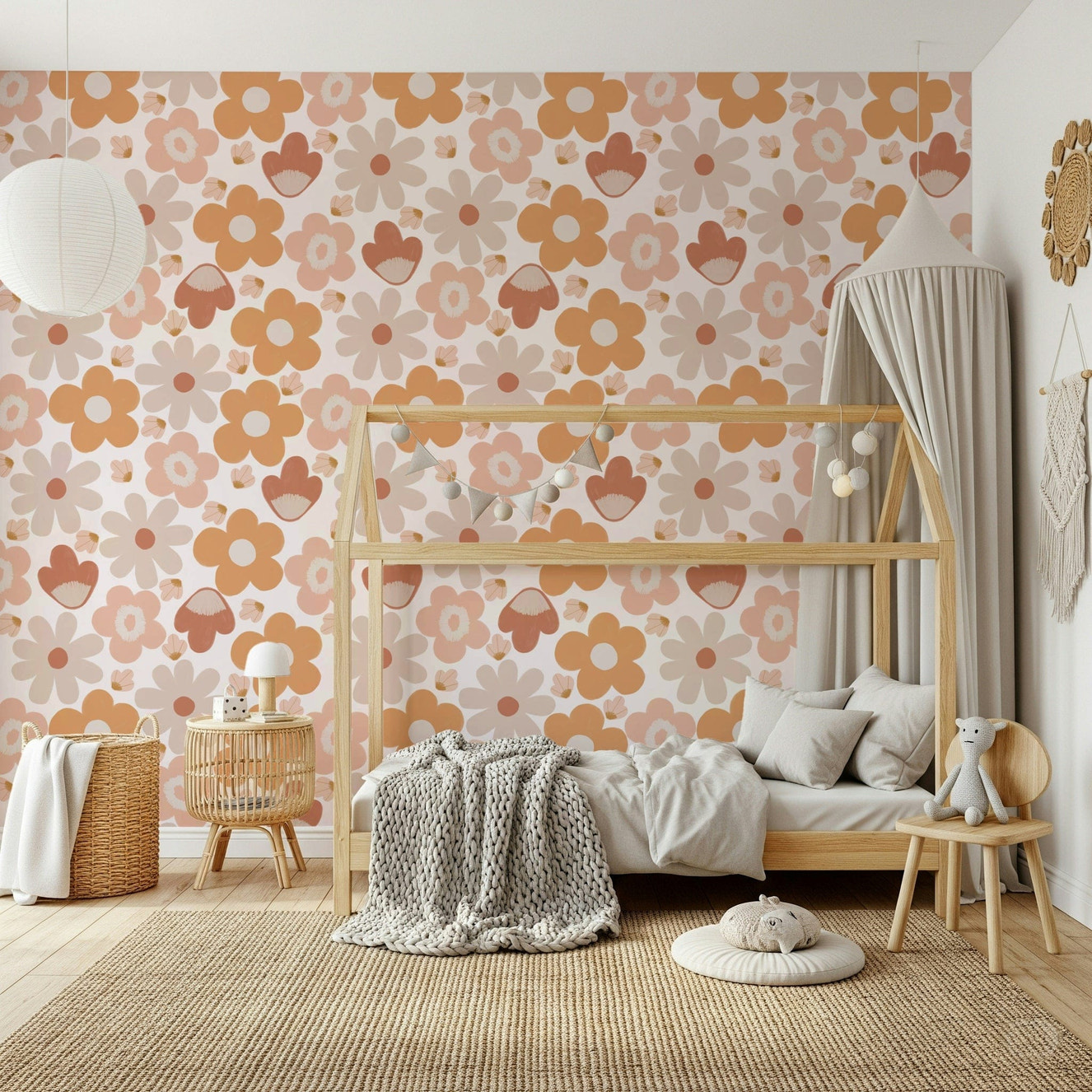A boho floral wallpaper featuring warm earthy flowers in soft peach, terracotta, and beige tones.