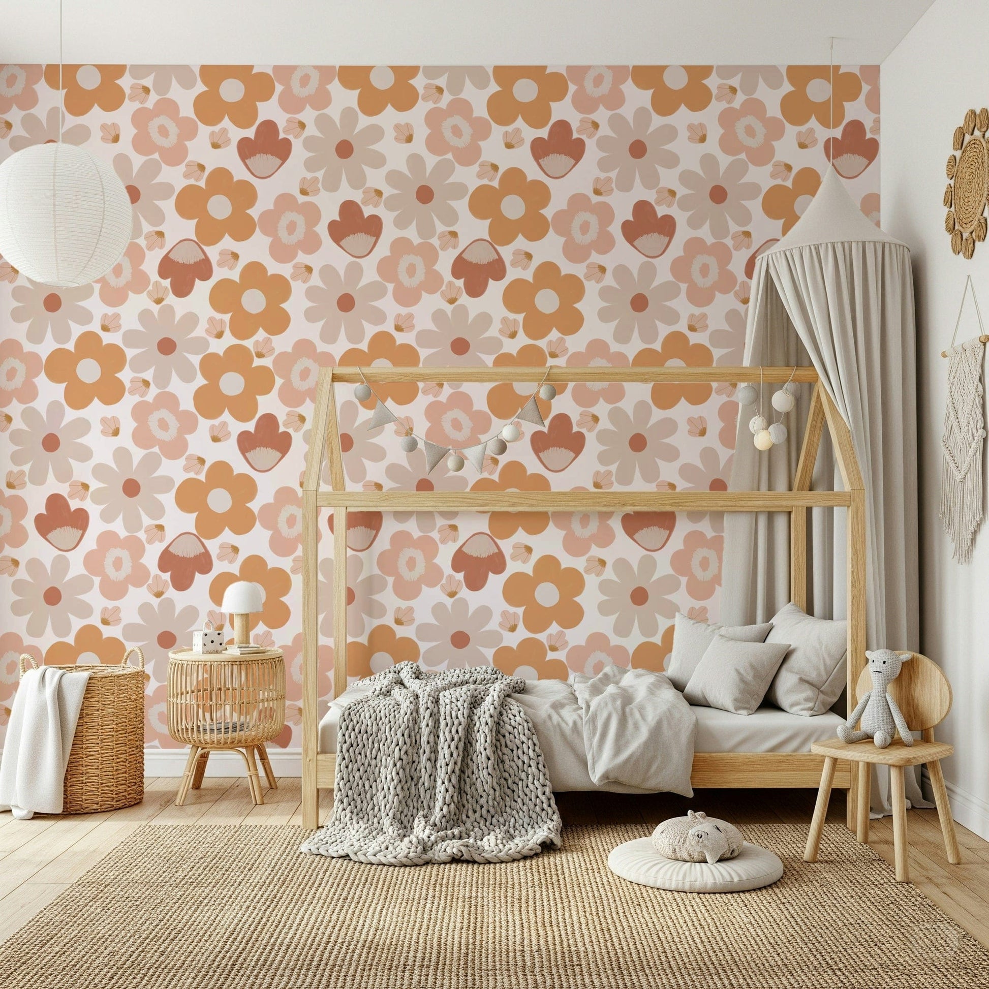A boho floral wallpaper featuring warm earthy flowers in soft peach, terracotta, and beige tones.
