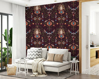 Artistic wallpaper mural with vibrant bohemian shapes forming an intricate forest-inspired design.
