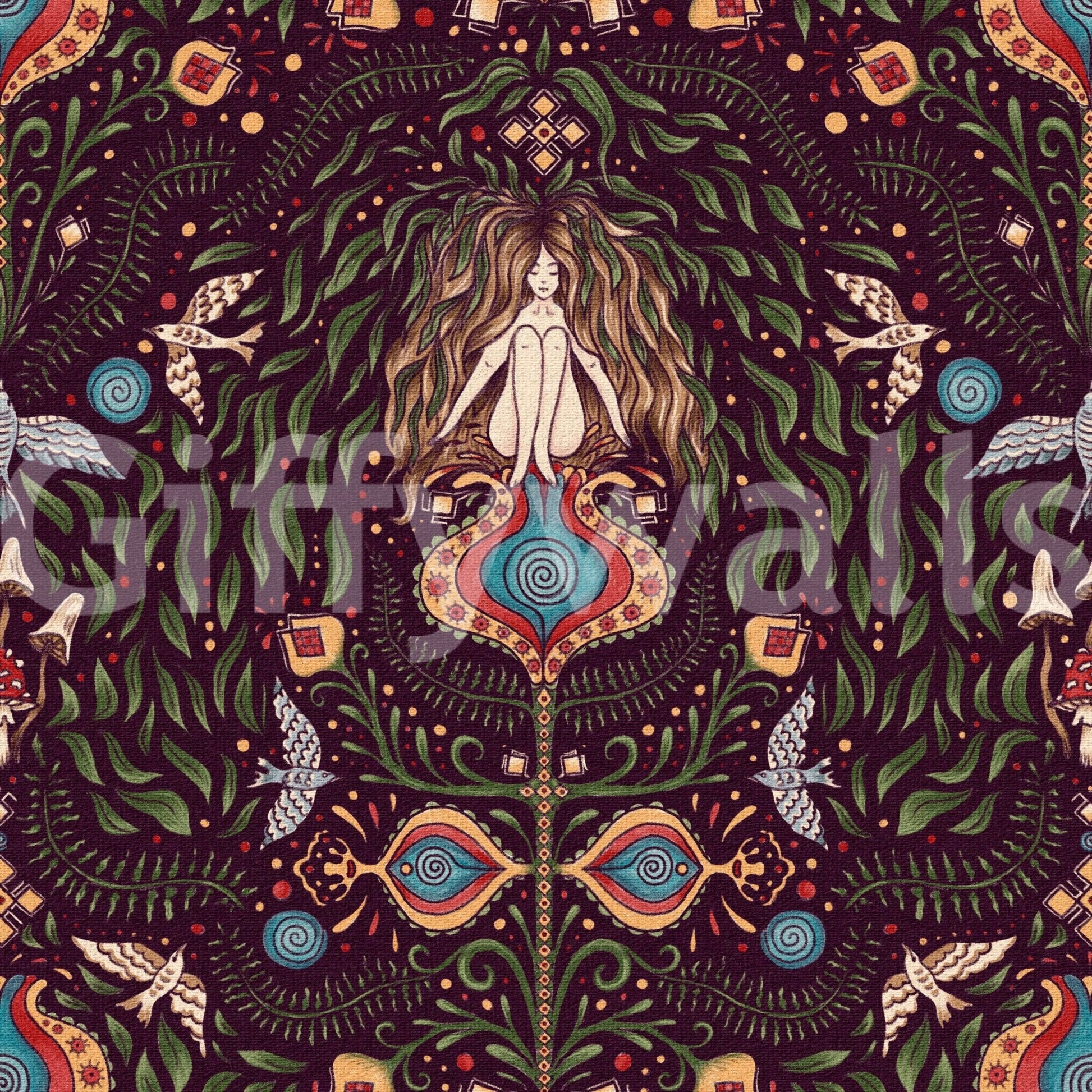 Enchanted forest wallpaper featuring stylized plants, animals, and symbolic boho shapes.