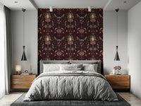 Boho Forest Dream wallpaper showcasing symmetrical forest scenes with leaves, birds, and magical motifs.