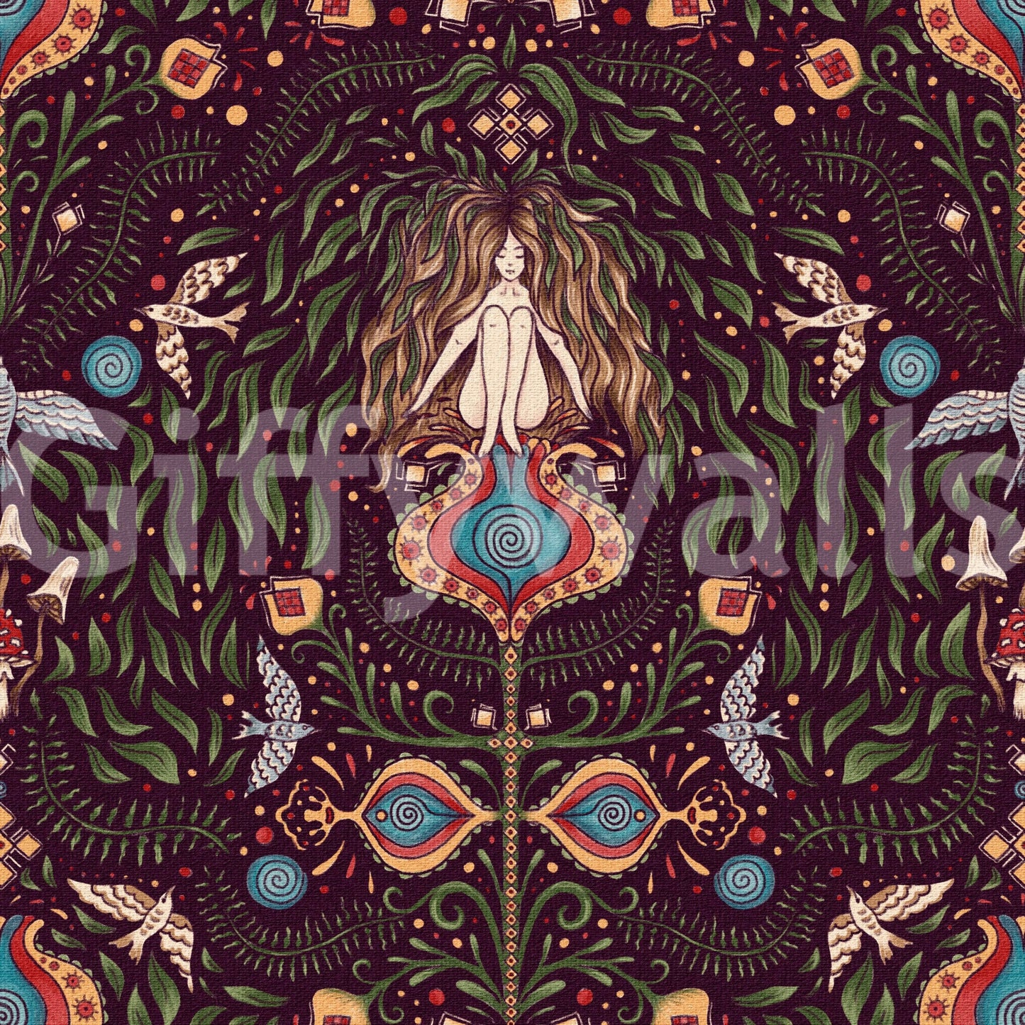 Enchanted forest wallpaper featuring stylized plants, animals, and symbolic boho shapes.