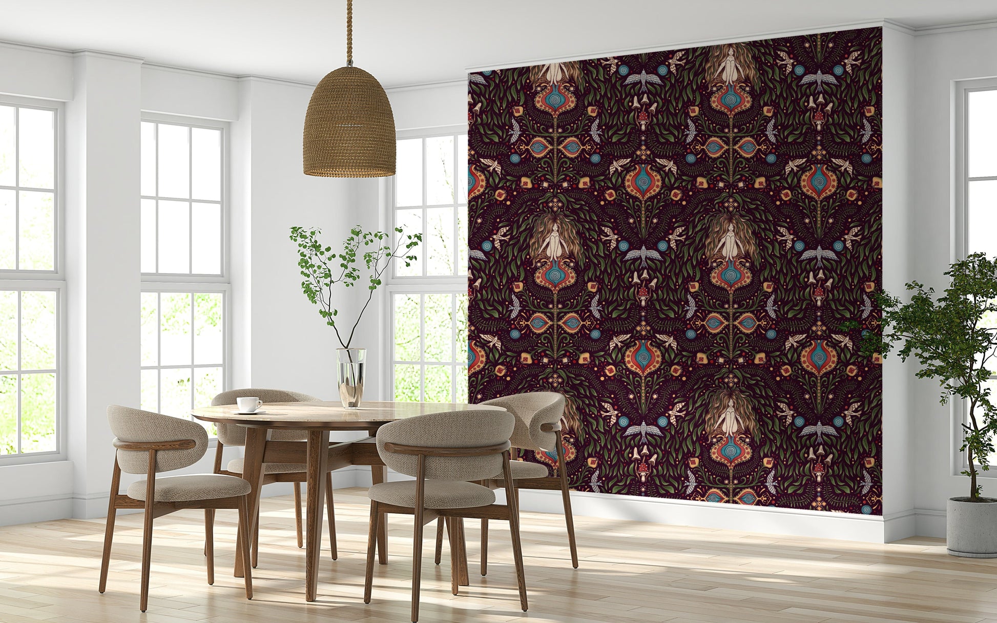 Textured wallpaper mural with complex bohemian motifs inspired by magical forest landscapes.