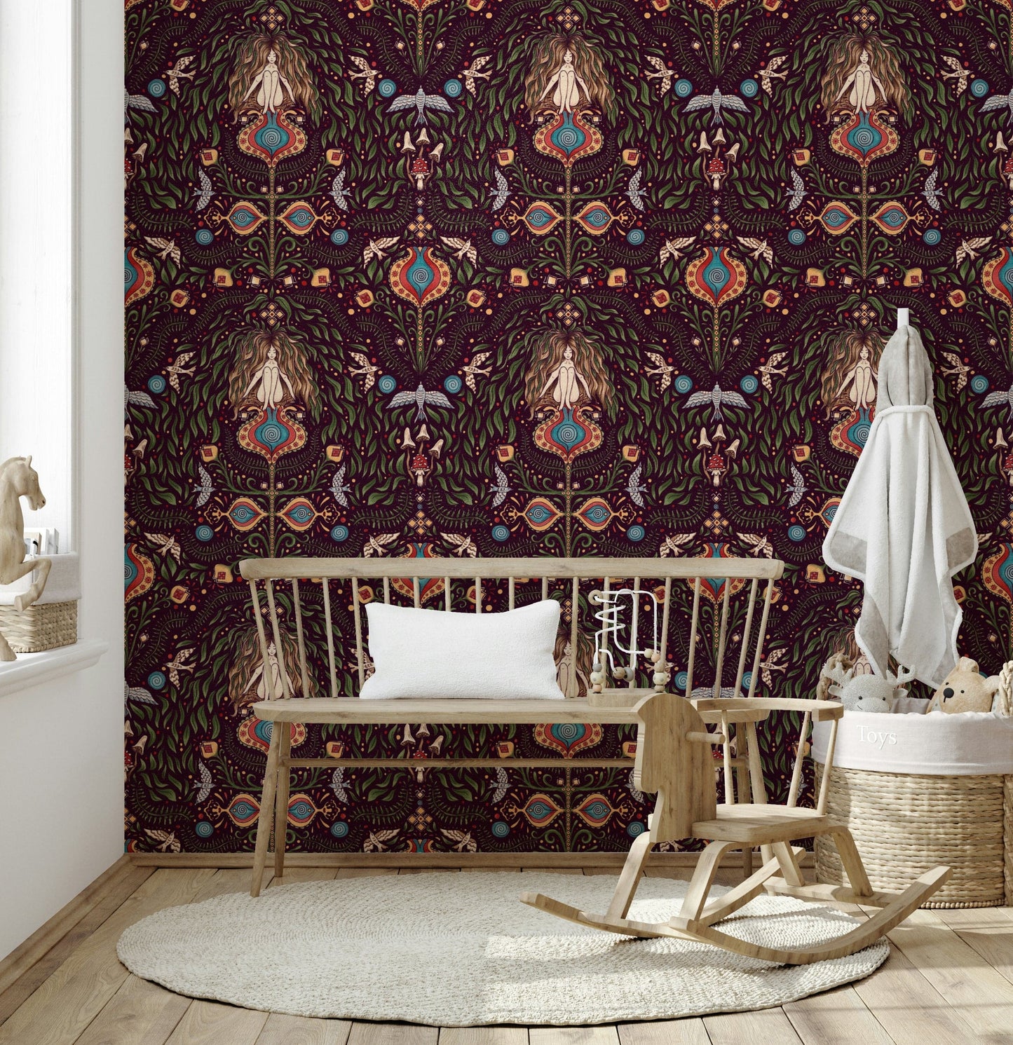 Boho Forest Dream wallpaper mural with ornate fantasy foliage and symmetrical woodland artwork.