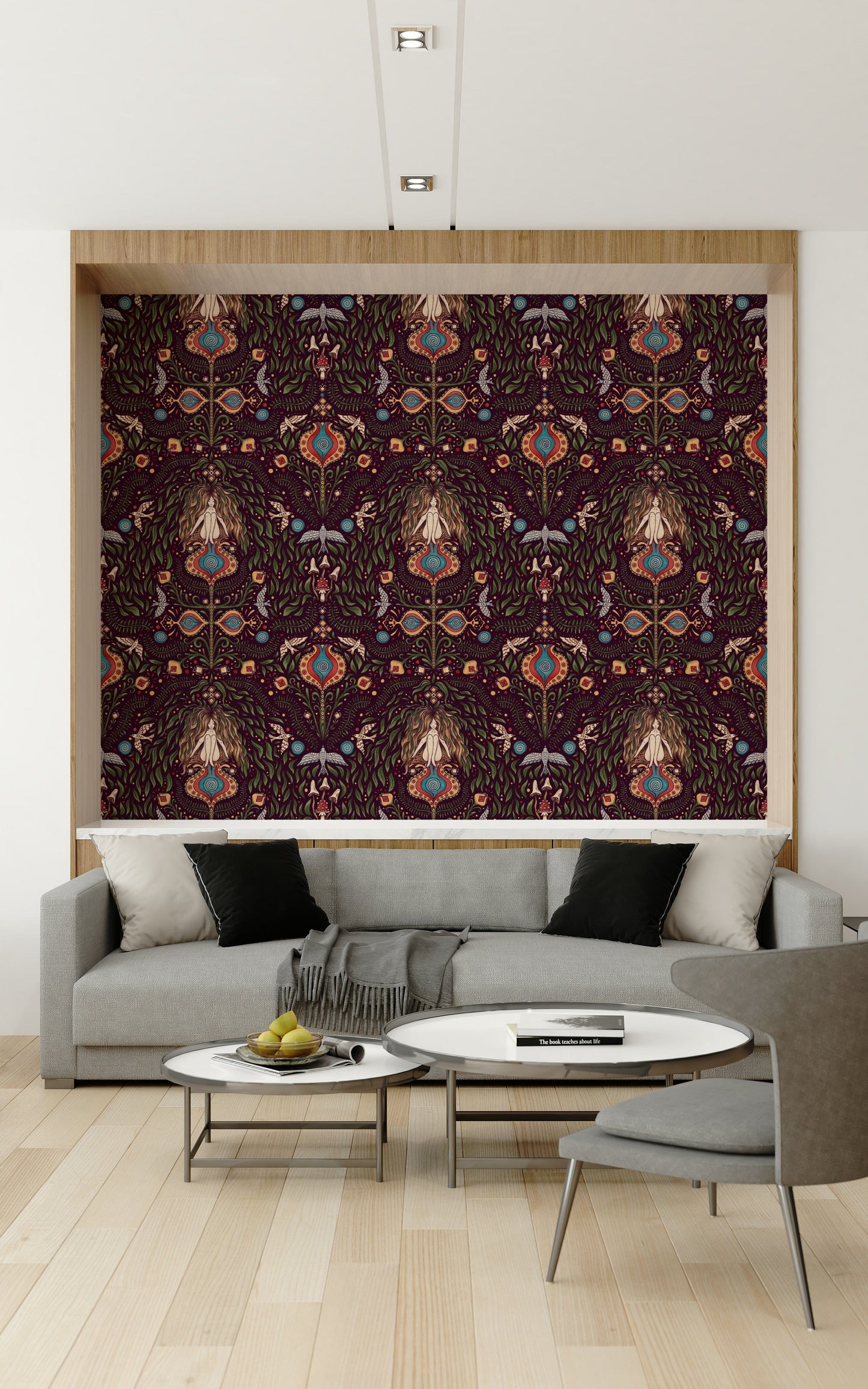 Patterned wallpaper featuring imaginative forest illustrations in deep earthy and jewel-toned colors.