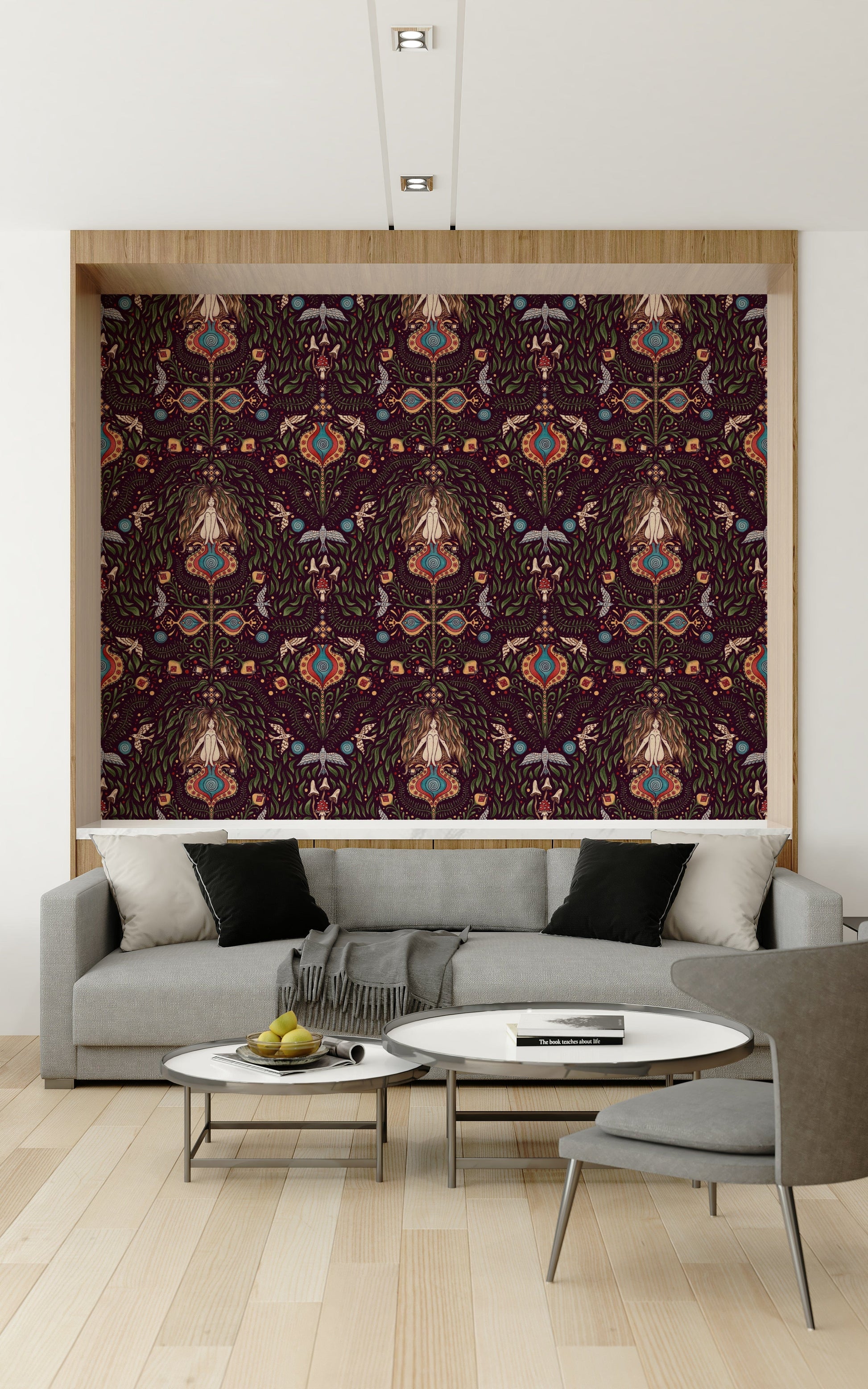 Patterned wallpaper featuring imaginative forest illustrations in deep earthy and jewel-toned colors.