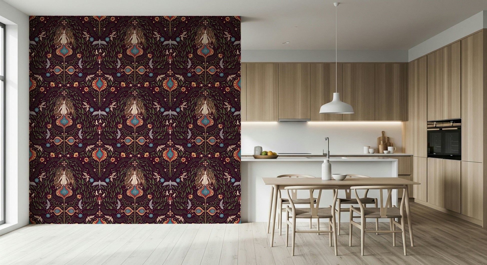 Decorative boho forest wallpaper featuring layered foliage and whimsical symbolic elements.