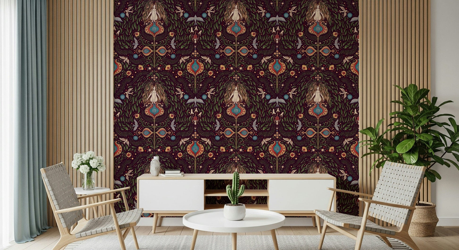 Boho Forest Dream wallpaper featuring mystical forest motifs, intricate foliage, and ornate bohemian patterns.