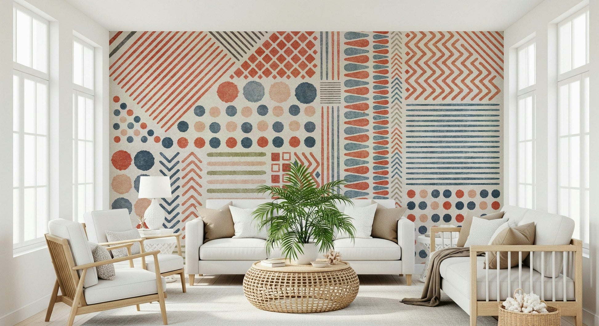 A peaceful modern abstract mural on decorative wallpaper.