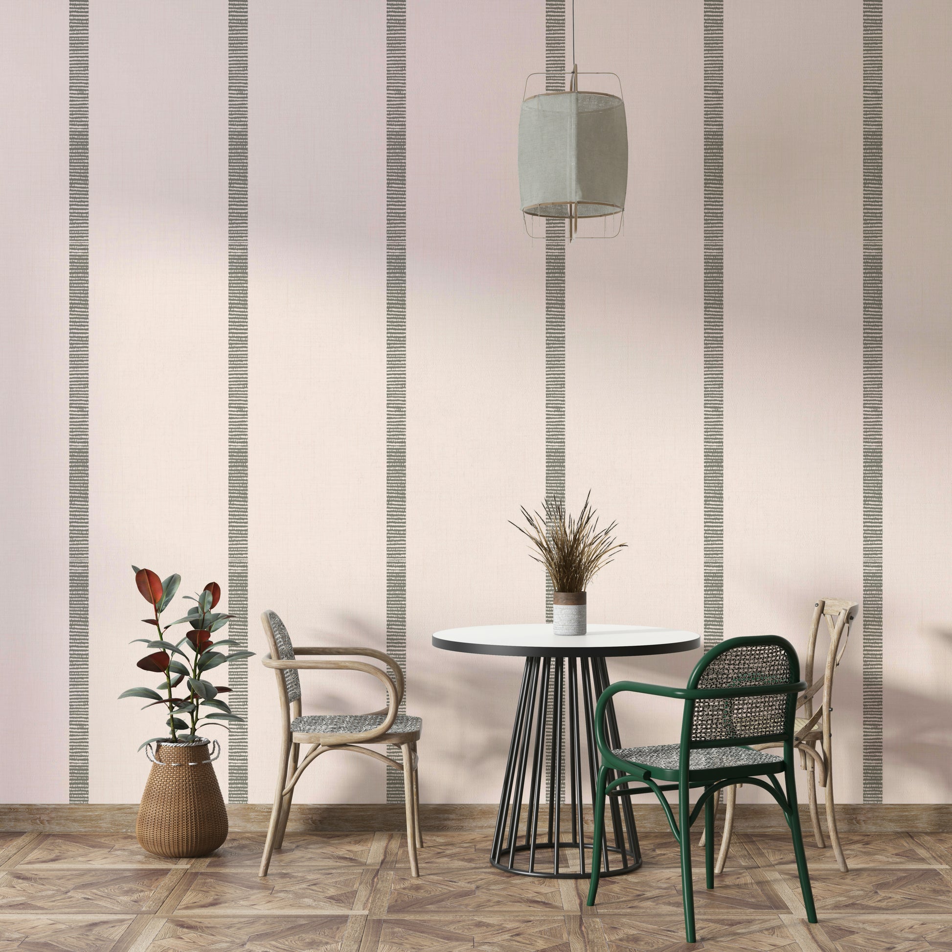 Beige and grey striped wallpaper with boho golden highlights

