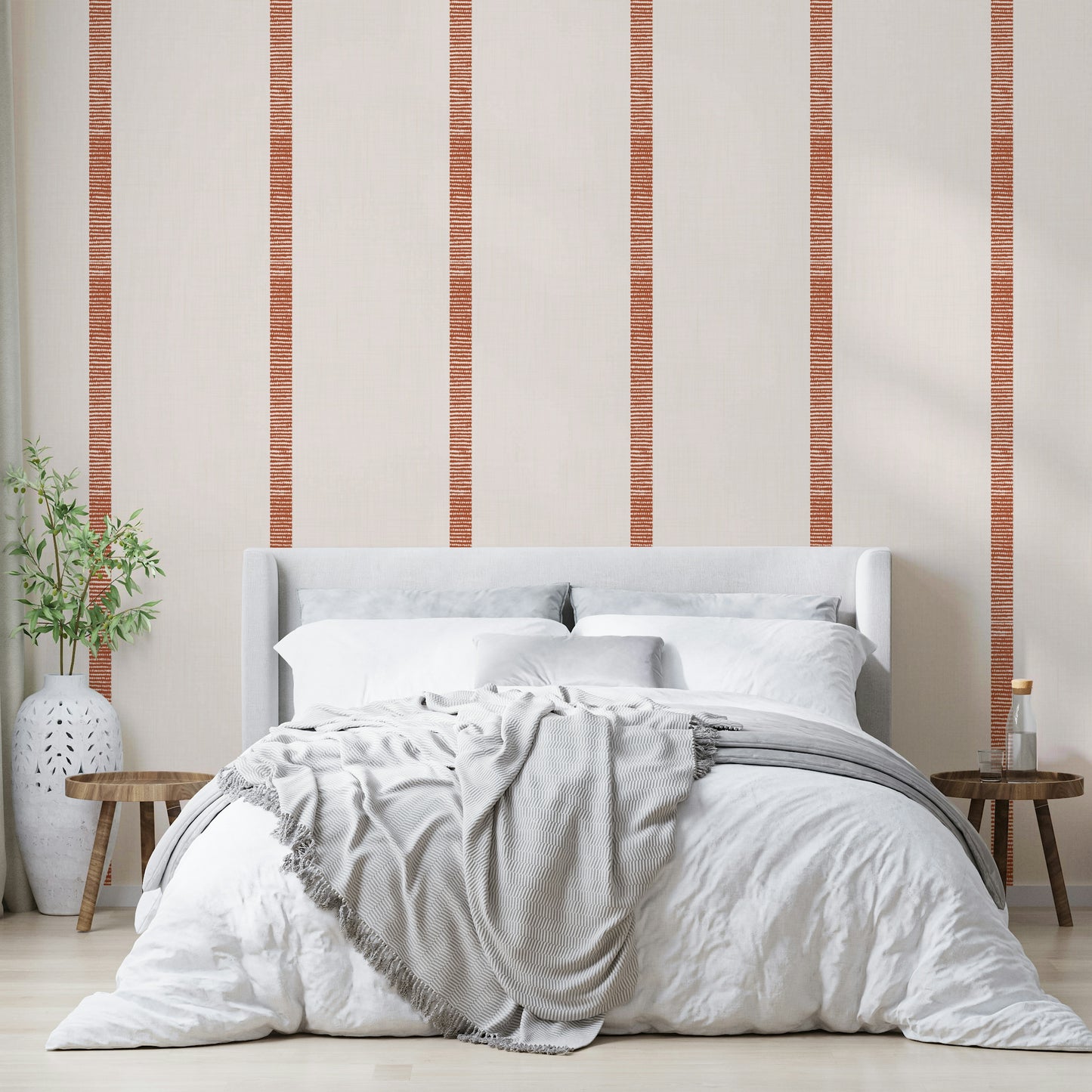 Golden striped wallpaper in boho style with beige and terracotta colors

