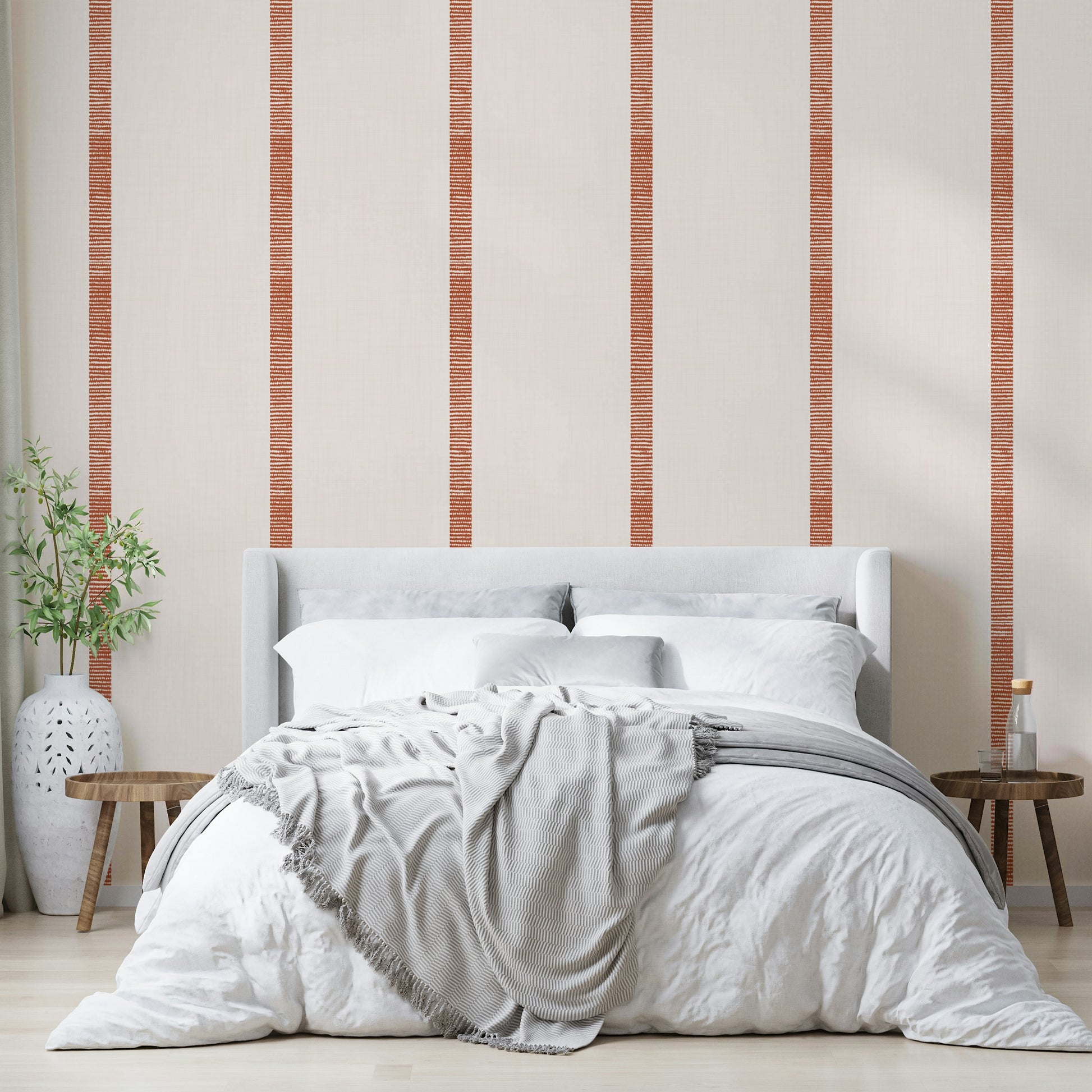 Golden striped wallpaper in boho style with beige and terracotta colors

