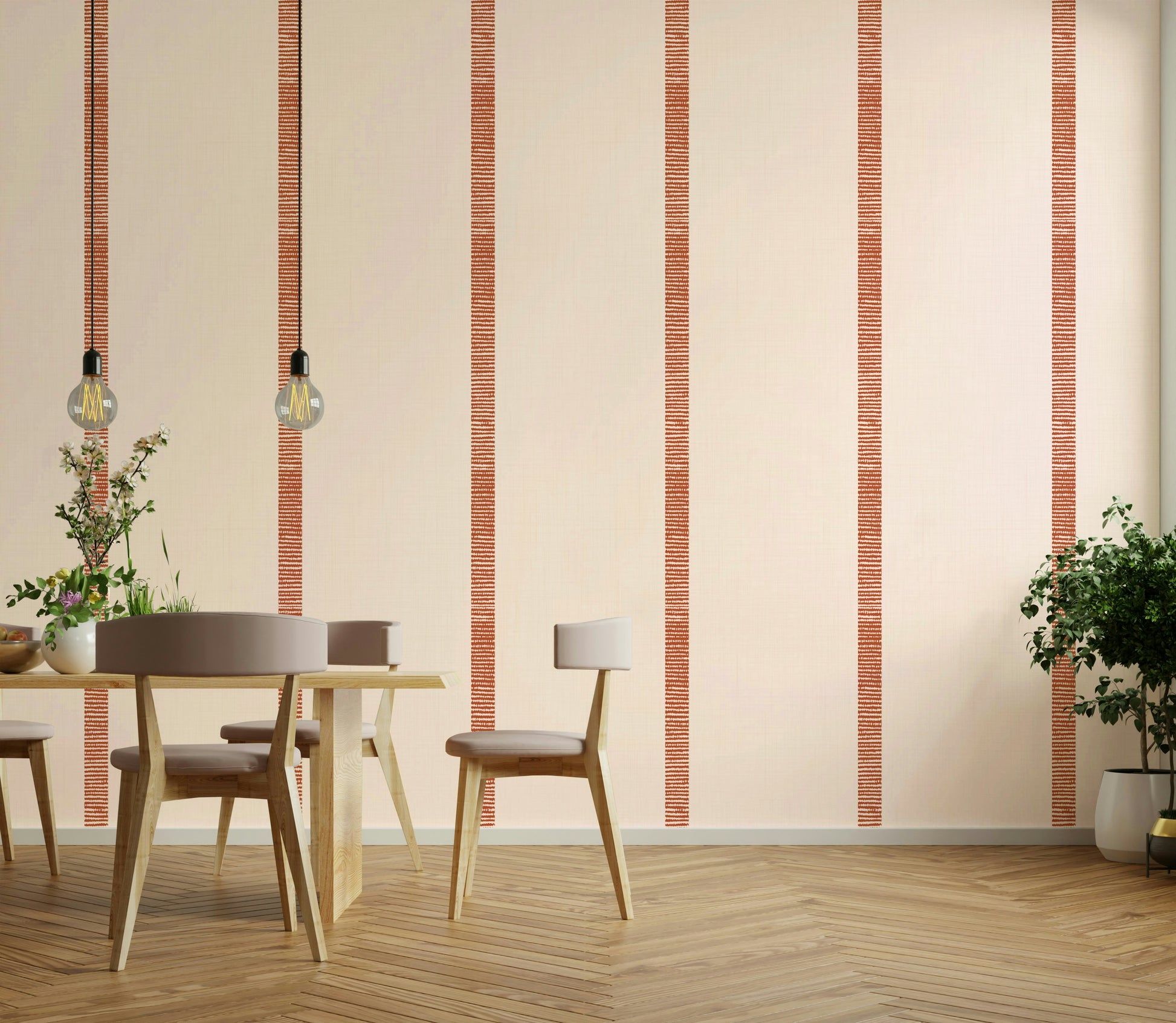 Bohemian style wallpaper with golden stripes on beige terracotta background

