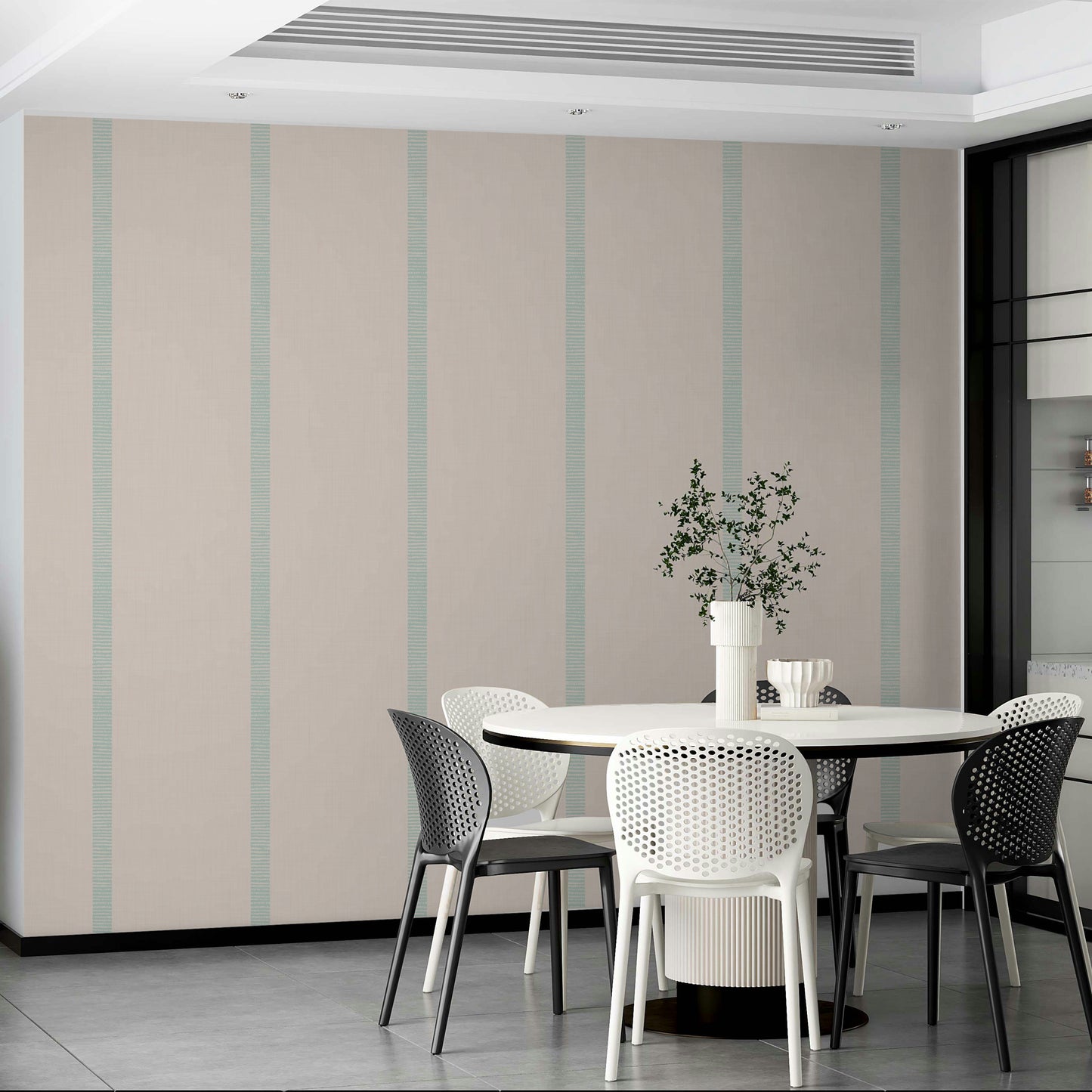 Soft blue and beige wallpaper featuring golden boho stripes

