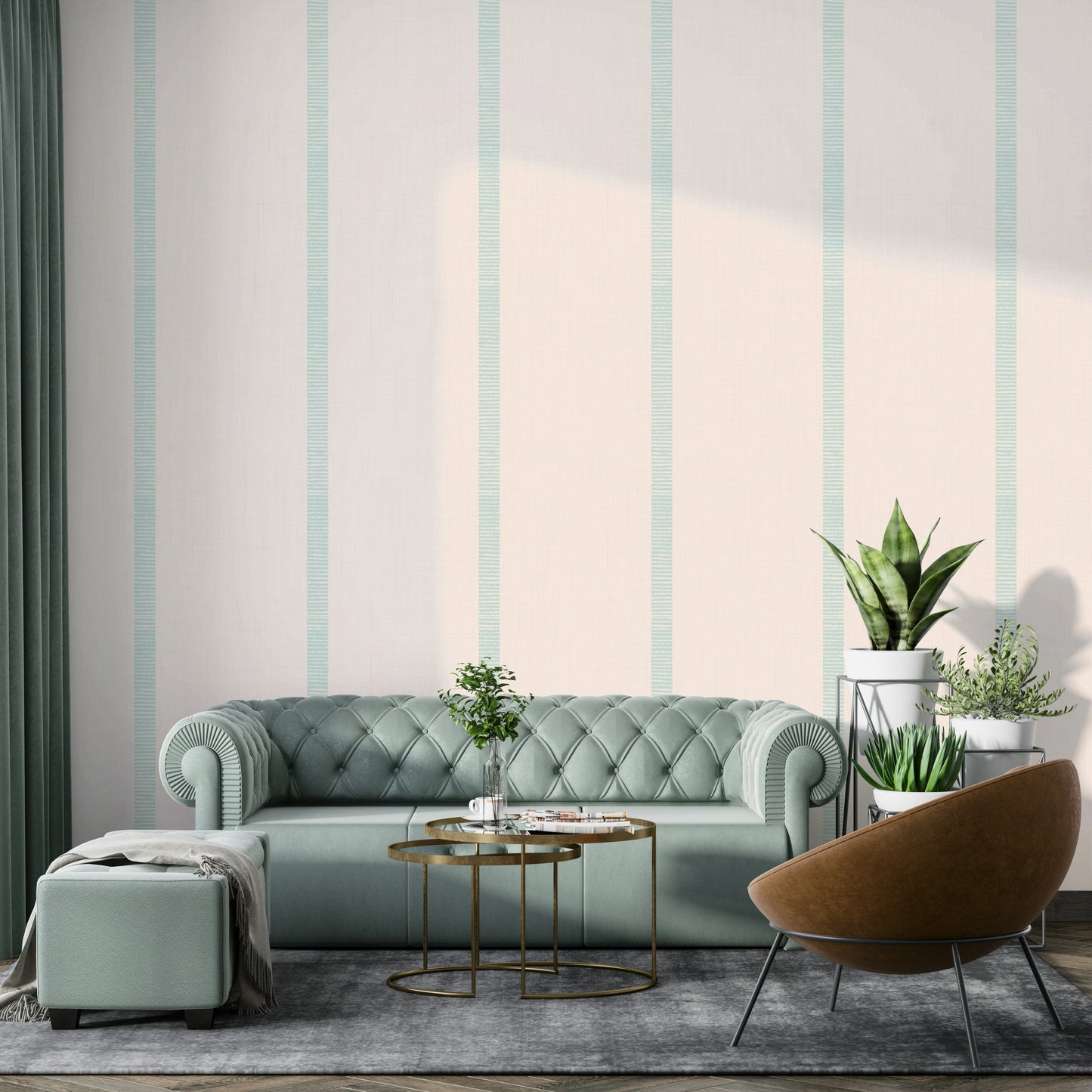 Beige and soft blue striped wallpaper with boho golden accents

