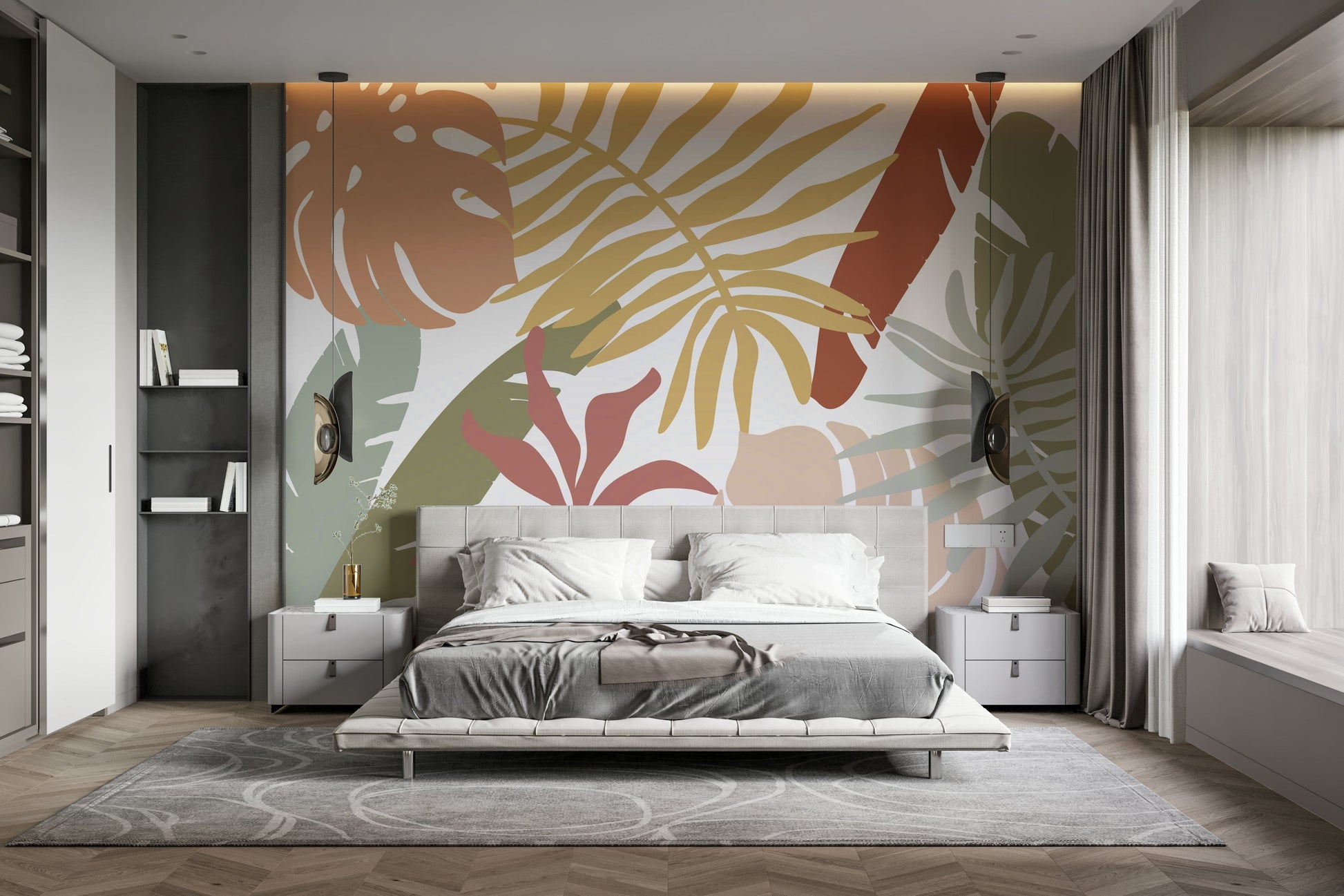 A calming foliage design wallpaper mural that defines a space.

