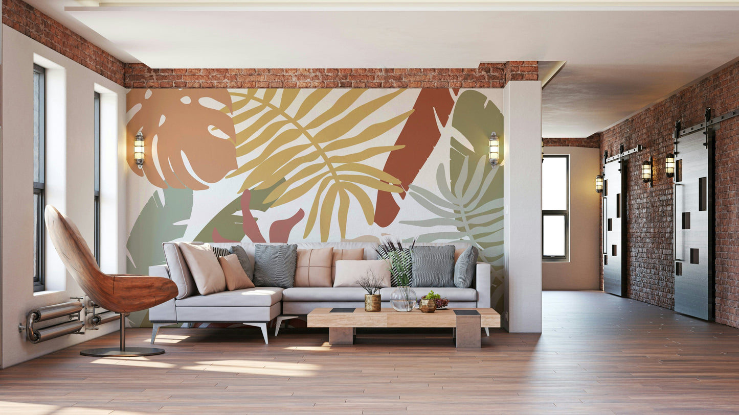 An artistic abstract leaf mural on minimalist wallpaper.

