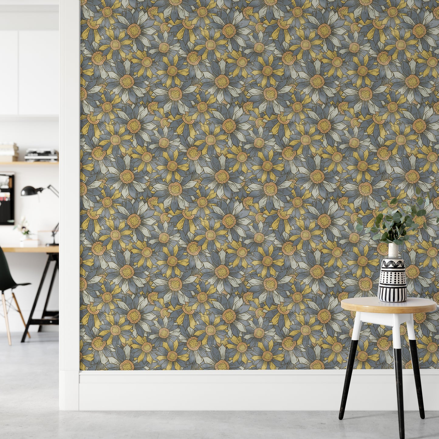 Boho Maximalist Flowers Golden and Gray Wallpaper