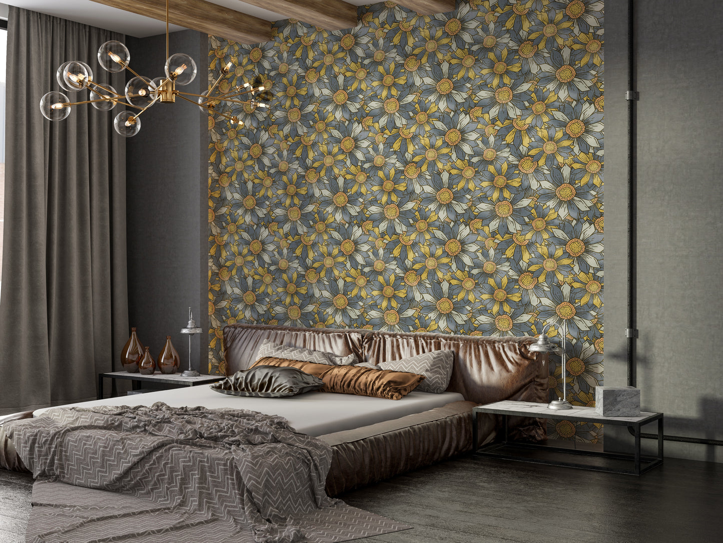 Boho Maximalist Flowers Golden and Gray Wallpaper