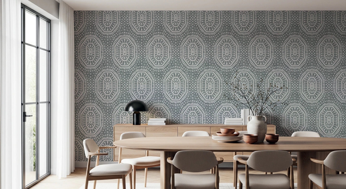 Boho Octagons Crochet Grunge Calming Blue Wallpaper⁠