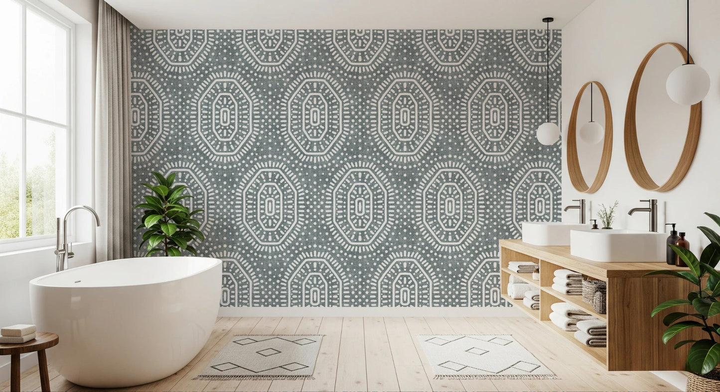 Boho Octagons Crochet Grunge Calming Blue Wallpaper⁠