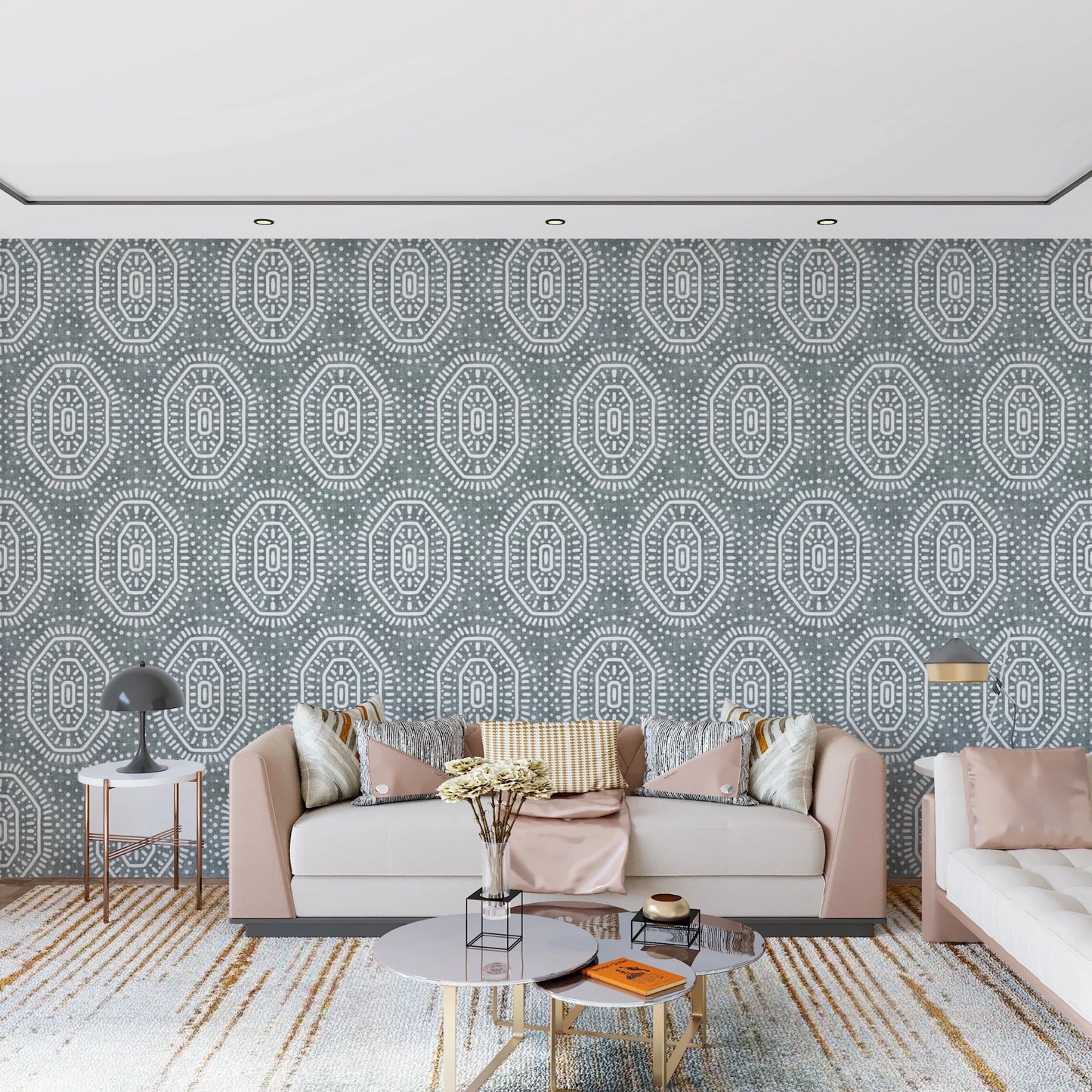 Boho Octagons Crochet Grunge Calming Blue Wallpaper⁠