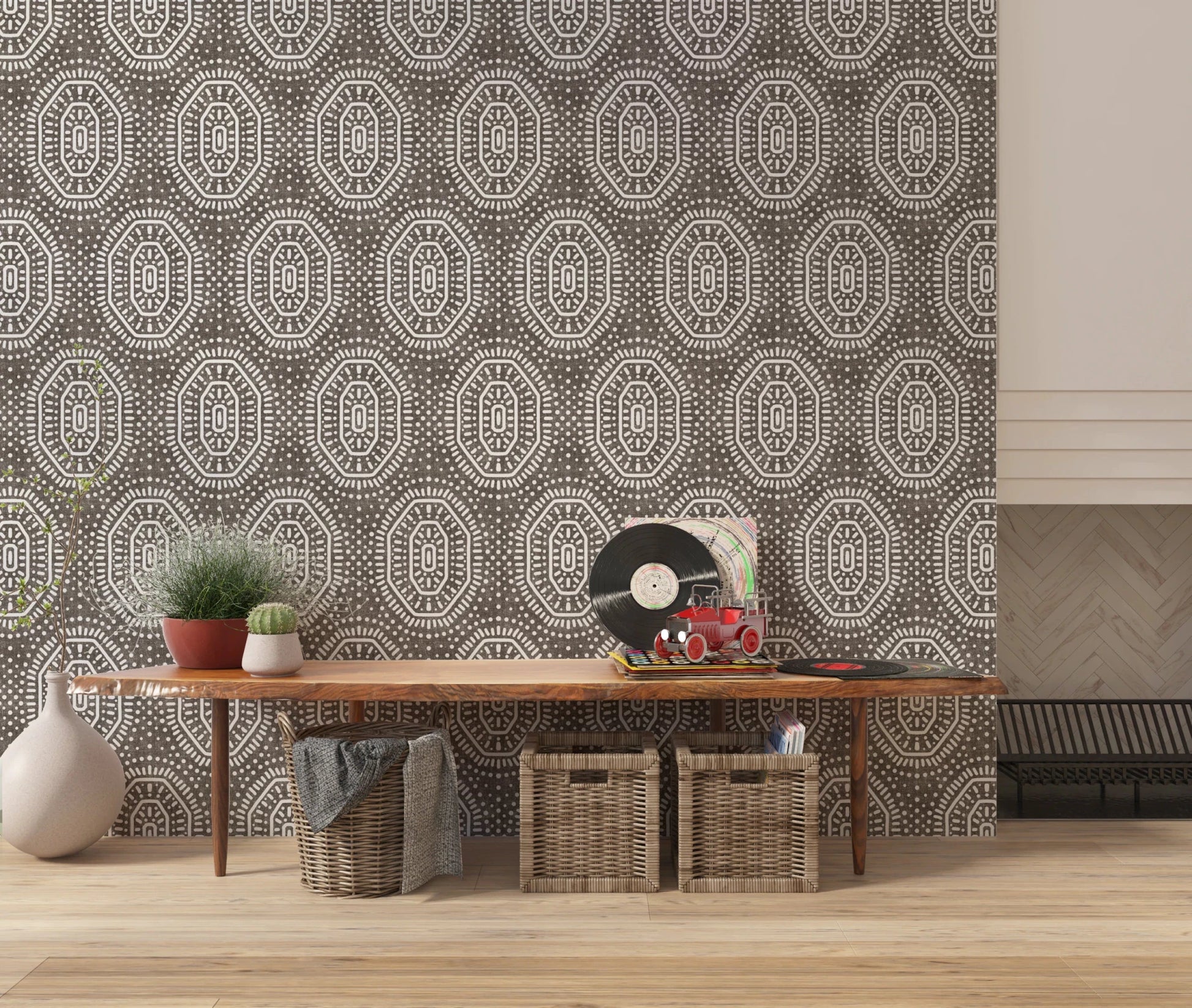 Boho Octagons Crochet Grunge Dark Bark Wallpaper⁠