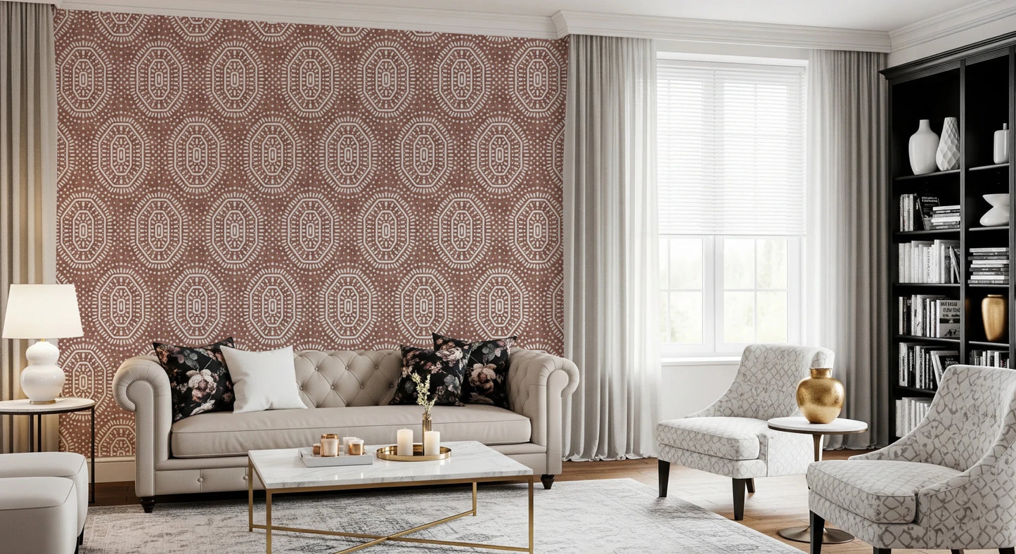 Boho Octagons Crochet Grunge Terracotta Red Wallpaper⁠