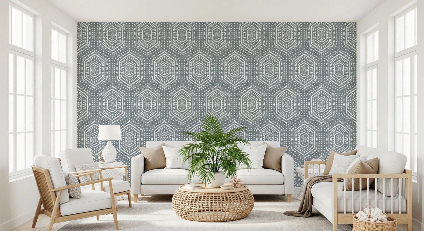 Boho Painted Grunge Calming Blue Wallpaper⁠