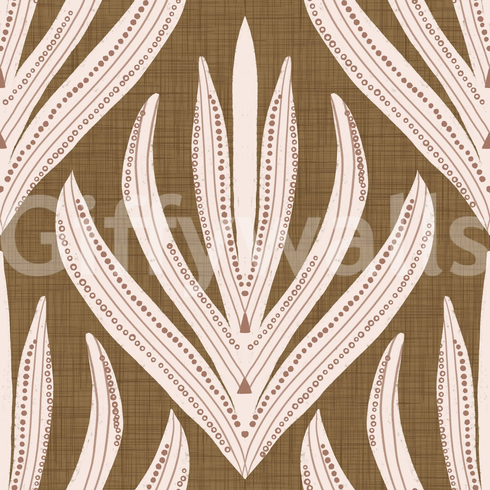 Decorative wallpaper featuring cream and terracotta leaf illustrations on a natural brown background.