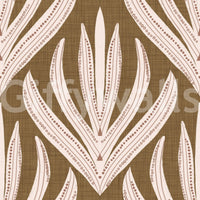 Decorative wallpaper featuring cream and terracotta leaf illustrations on a natural brown background.
