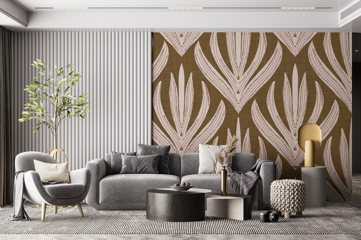 Warm-toned wallpaper mural showcasing boho leaf motifs arranged in structured symmetry.