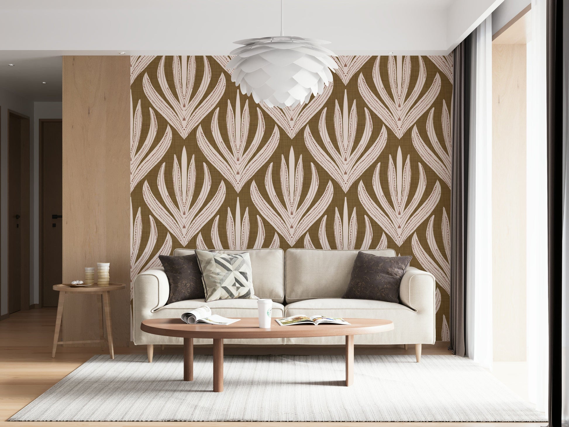 Patterned wallpaper featuring symmetrical boho leaves arranged in a vertical repeating formation.