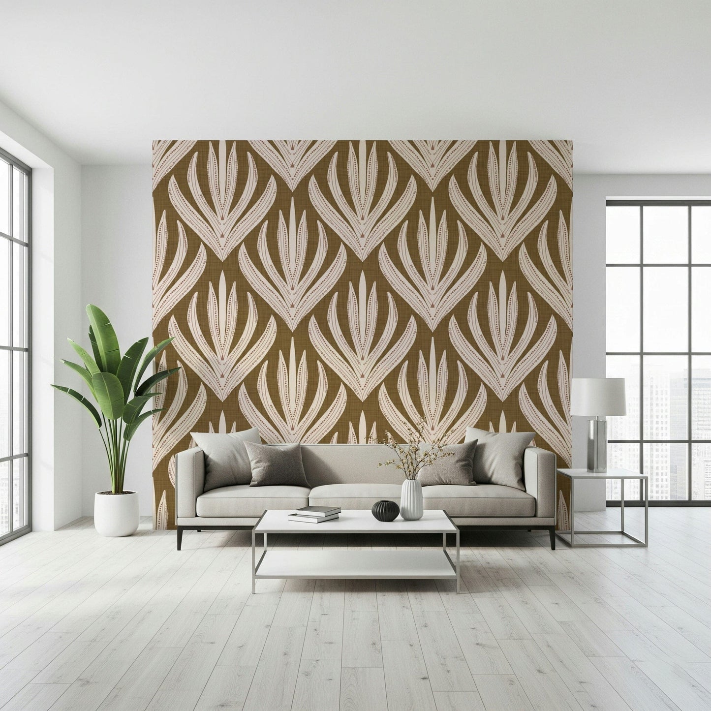 Boho Leaf Symmetry wallpaper showcasing intricate leaf-shaped designs with detailed linework.