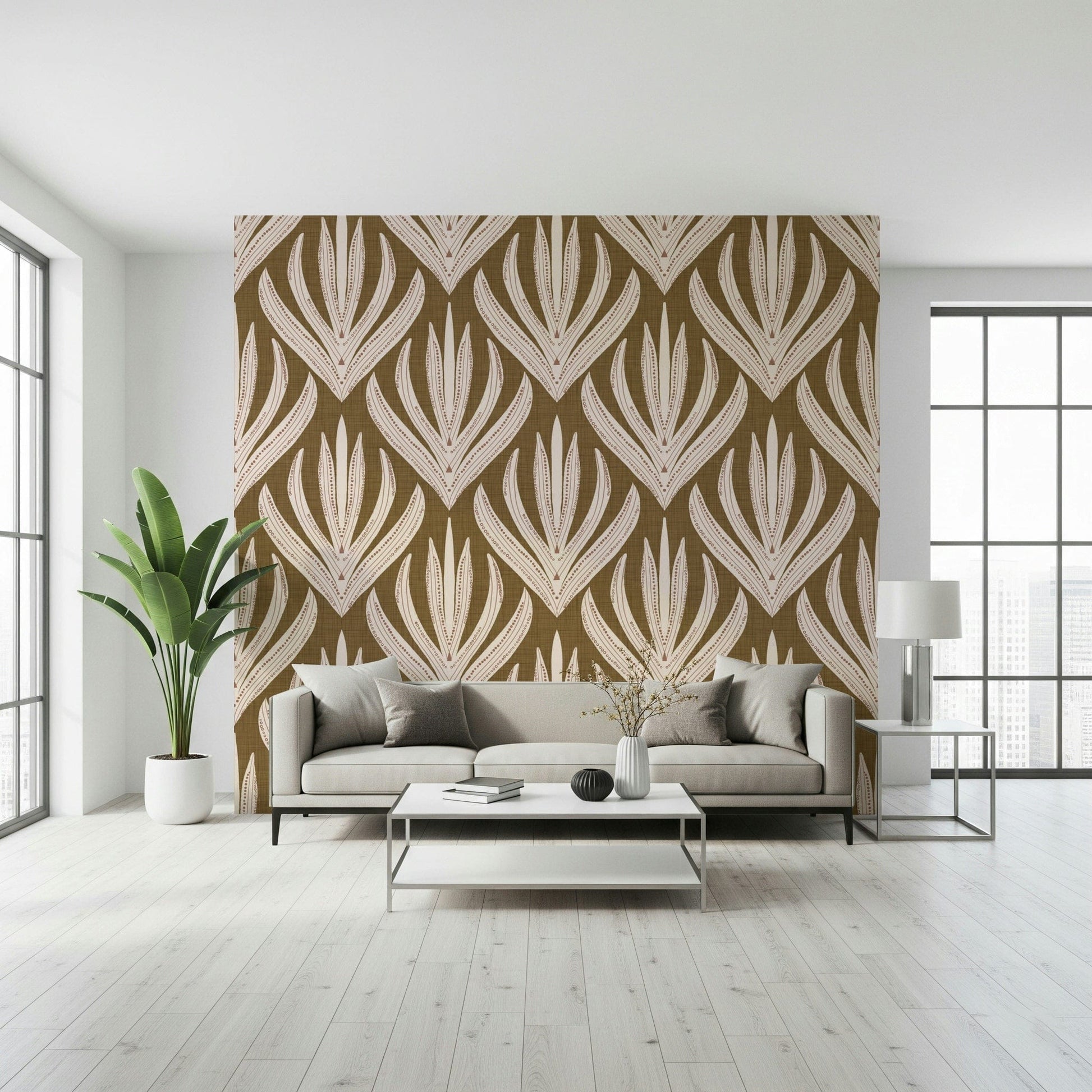 Boho Leaf Symmetry wallpaper showcasing intricate leaf-shaped designs with detailed linework.