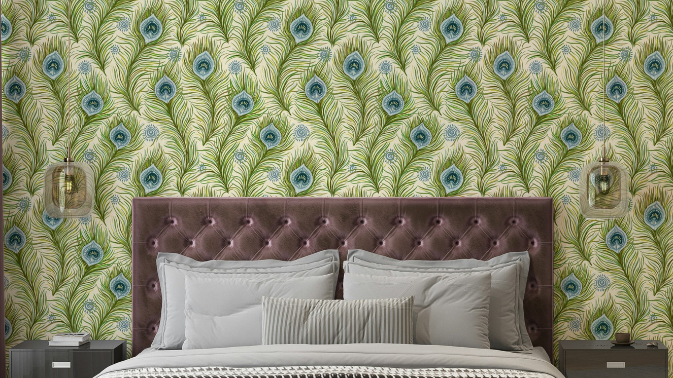 Boho chic peacock feather wallpaper in blue and green

