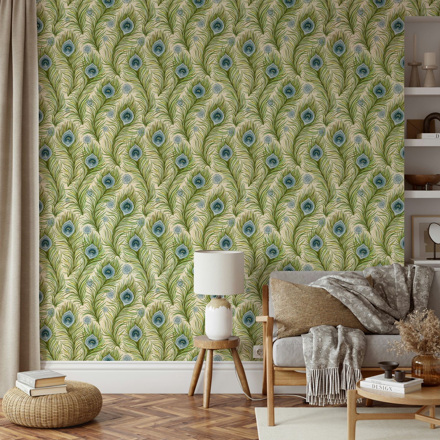 Nature-inspired peacock wallpaper in blue and green

