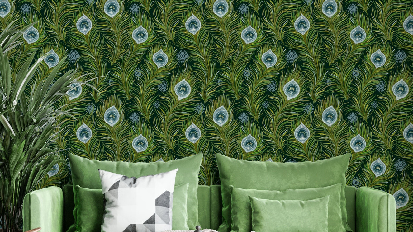 Blue and green peacock feathers on dark background

