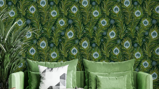 Blue and green peacock feathers on dark background

