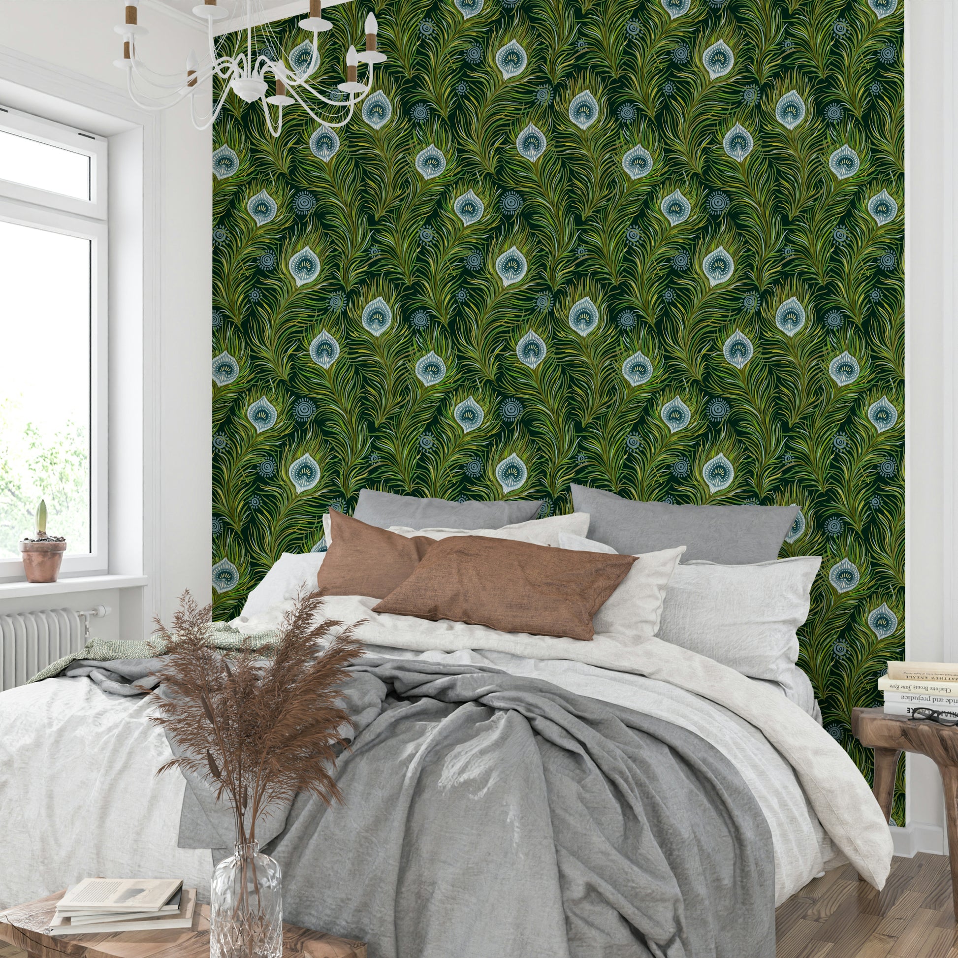 Stylish boho wallpaper featuring luxe peacock motifs

