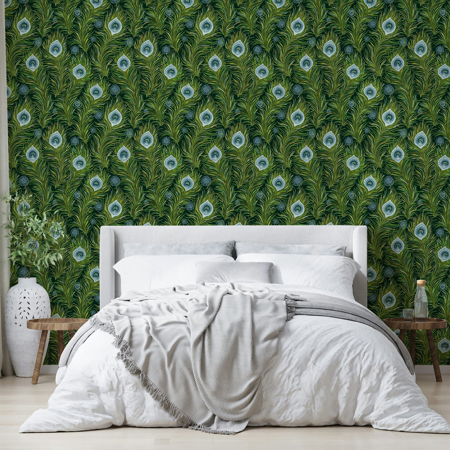 Deep-toned wallpaper with peacock feather pattern

