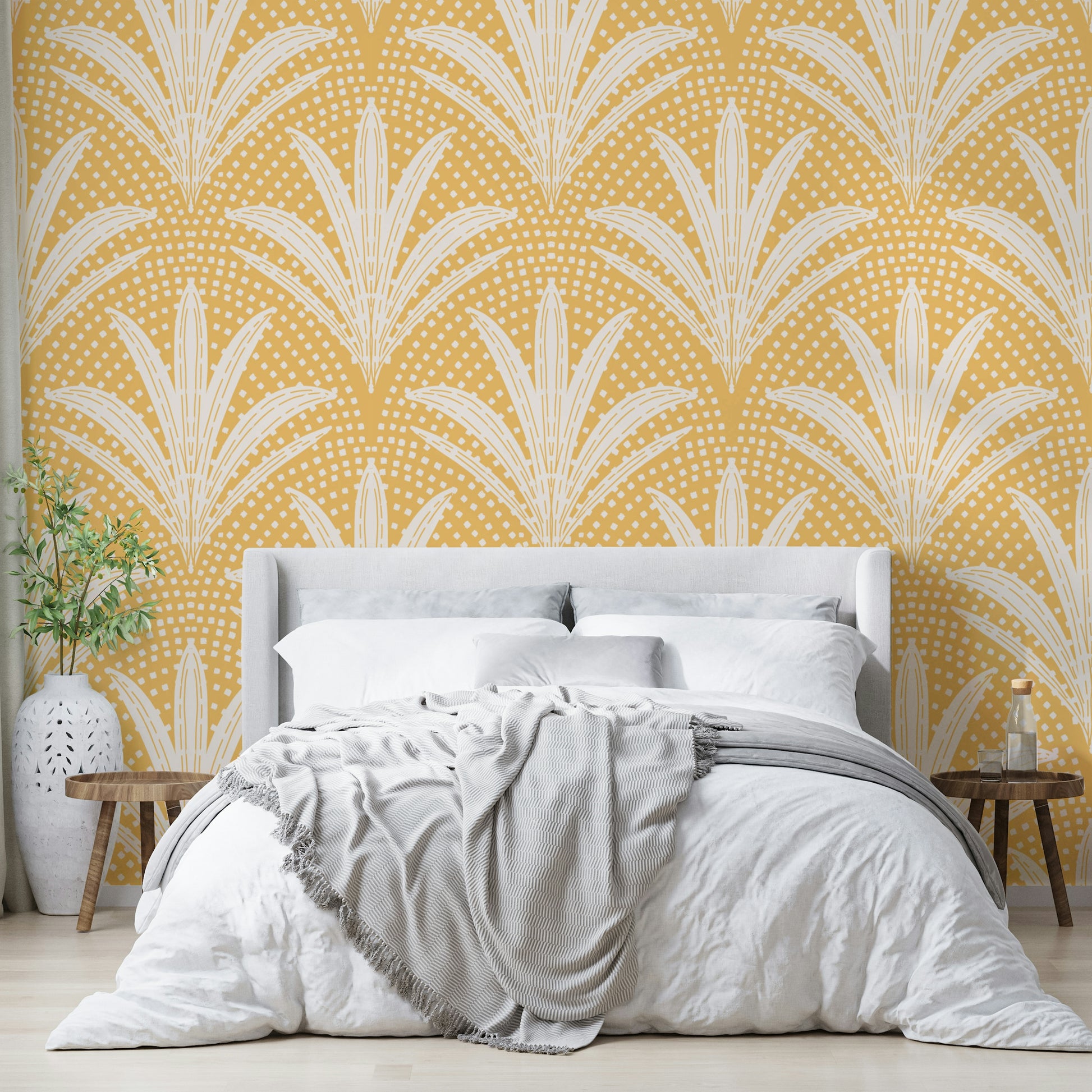 Boho chic wallpaper featuring palm leaves in ochre

