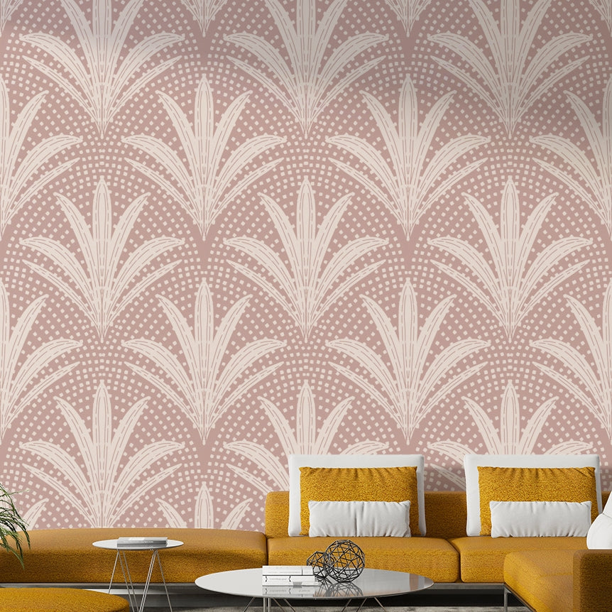 Rustic boho wallpaper with mauve palm radiance design

