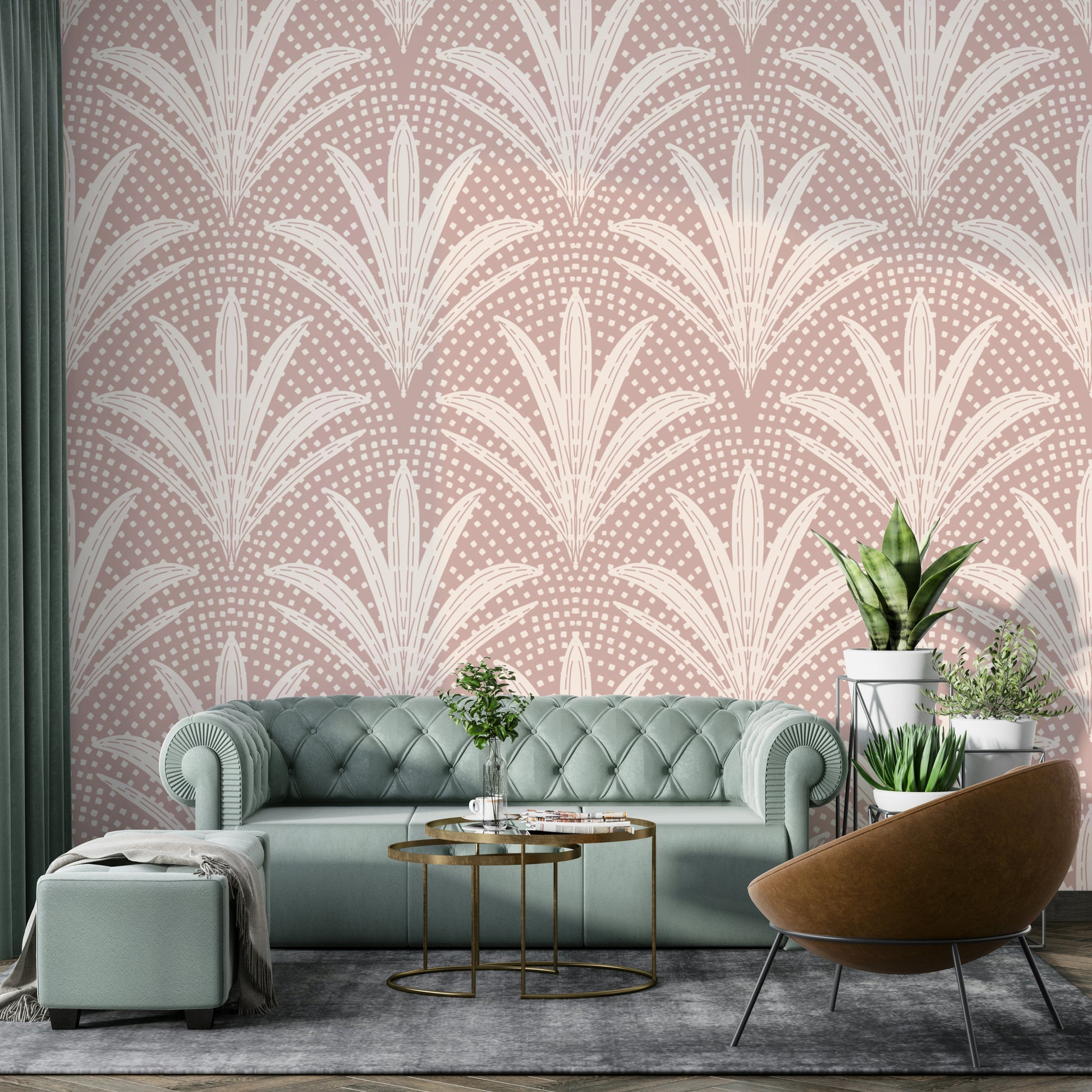Boho chic mauve wallpaper featuring rustic palms


