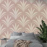 Elegant mauve wallpaper with rustic palm leaf prints

