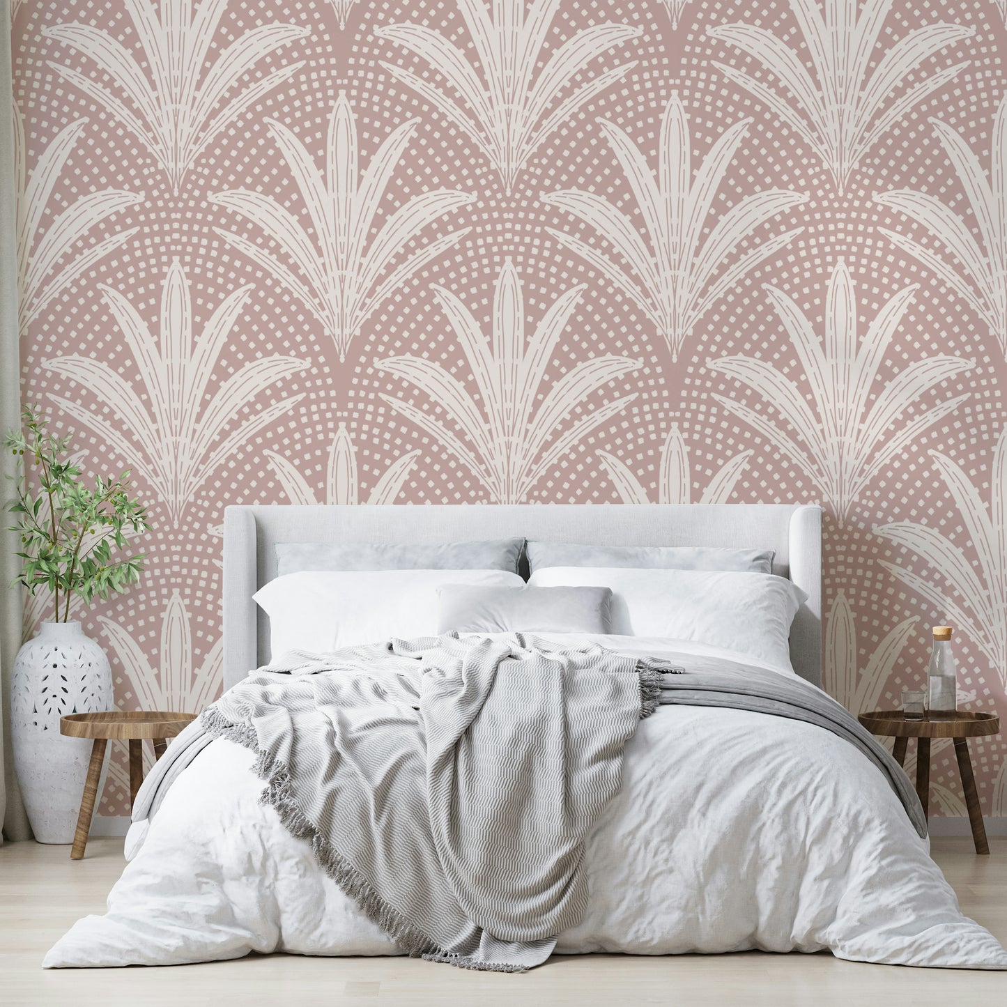 Palm leaf wallpaper with boho rustic mauve colors

