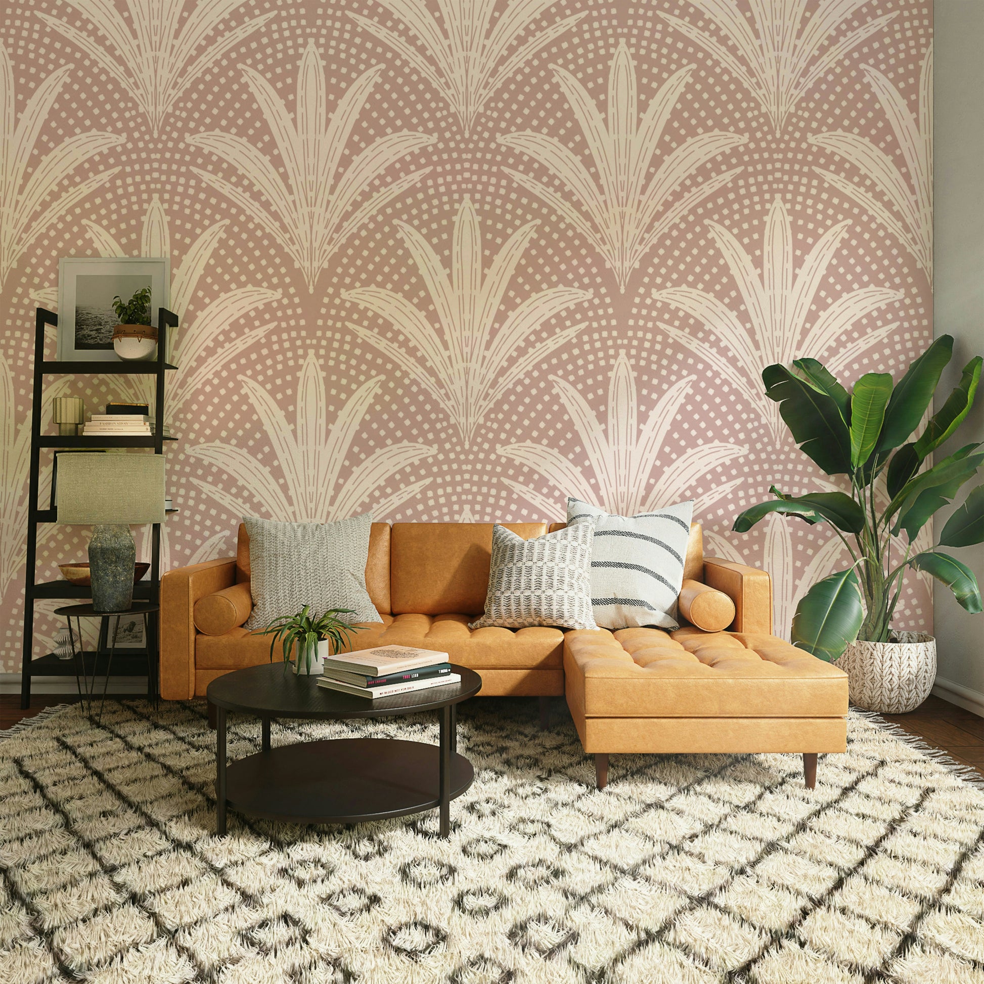 Rustic mauve wallpaper featuring palm leaf patterns

