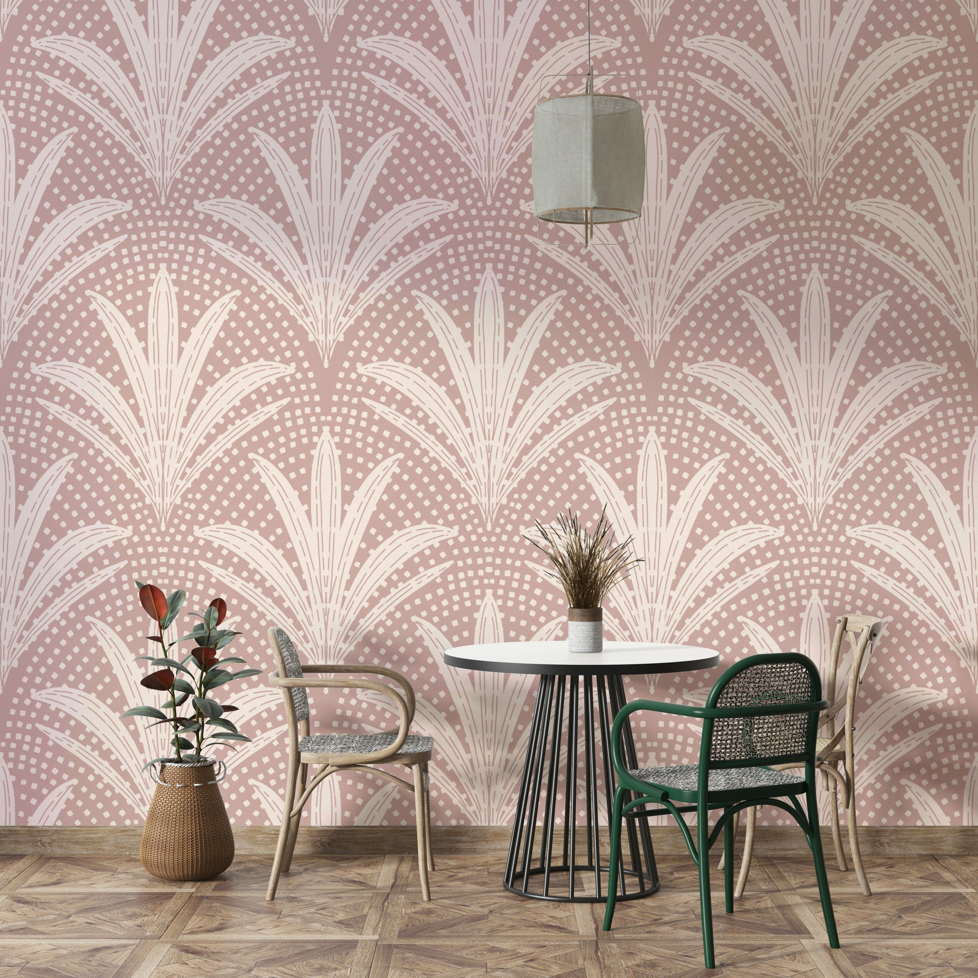 Mauve palm leaf wallpaper with boho rustic style

