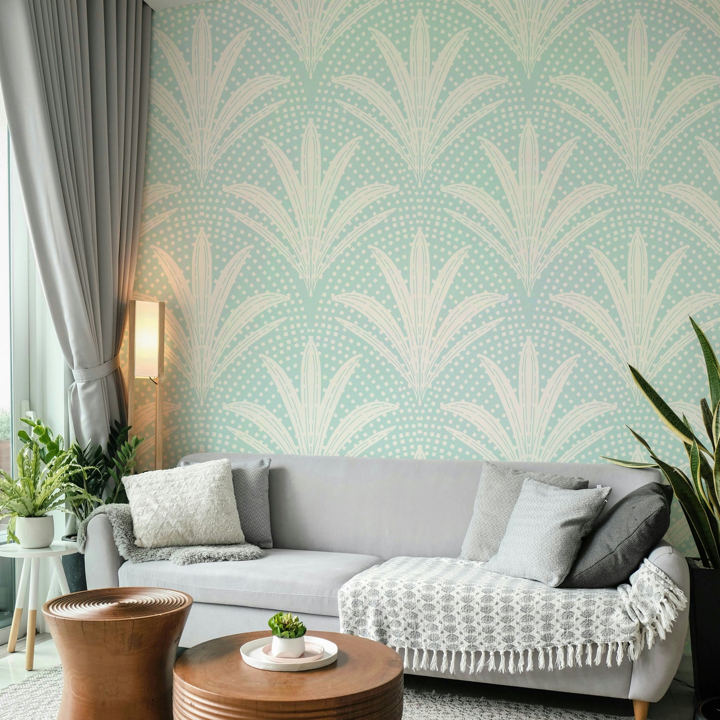 Boho wallpaper design with radiant soft blue palms

